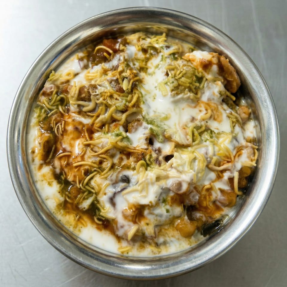 A close-up of a metal bowl filled with Indian chaat, topped with yogurt, chutneys, and crispy noodles.