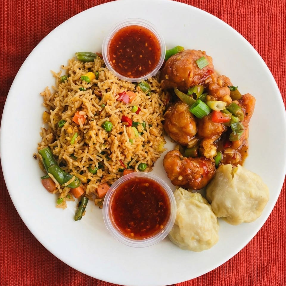 A white plate with vegetable fried rice, chili chicken, momos, and two dipping sauces.