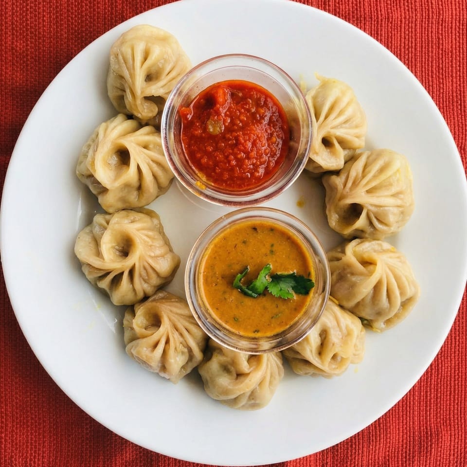Steamed momos arranged on a white plate with two dipping sauces, one red and one orange.