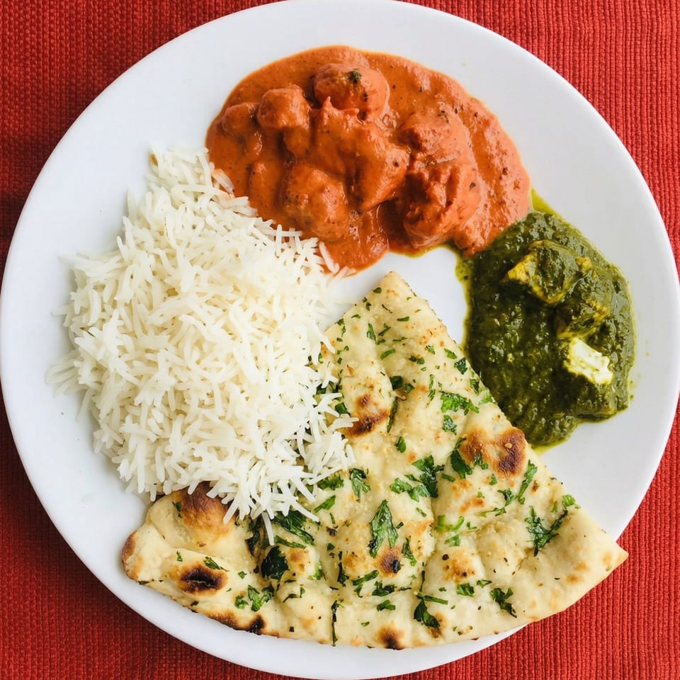 A white plate with butter chicken, palak paneer, basmati rice, and garlic naan on a red tablecloth.