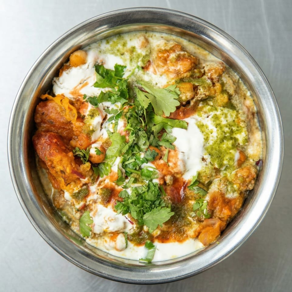Close-up of a metal bowl filled with Indian chaat, topped with yogurt, chutneys, and fresh cilantro.