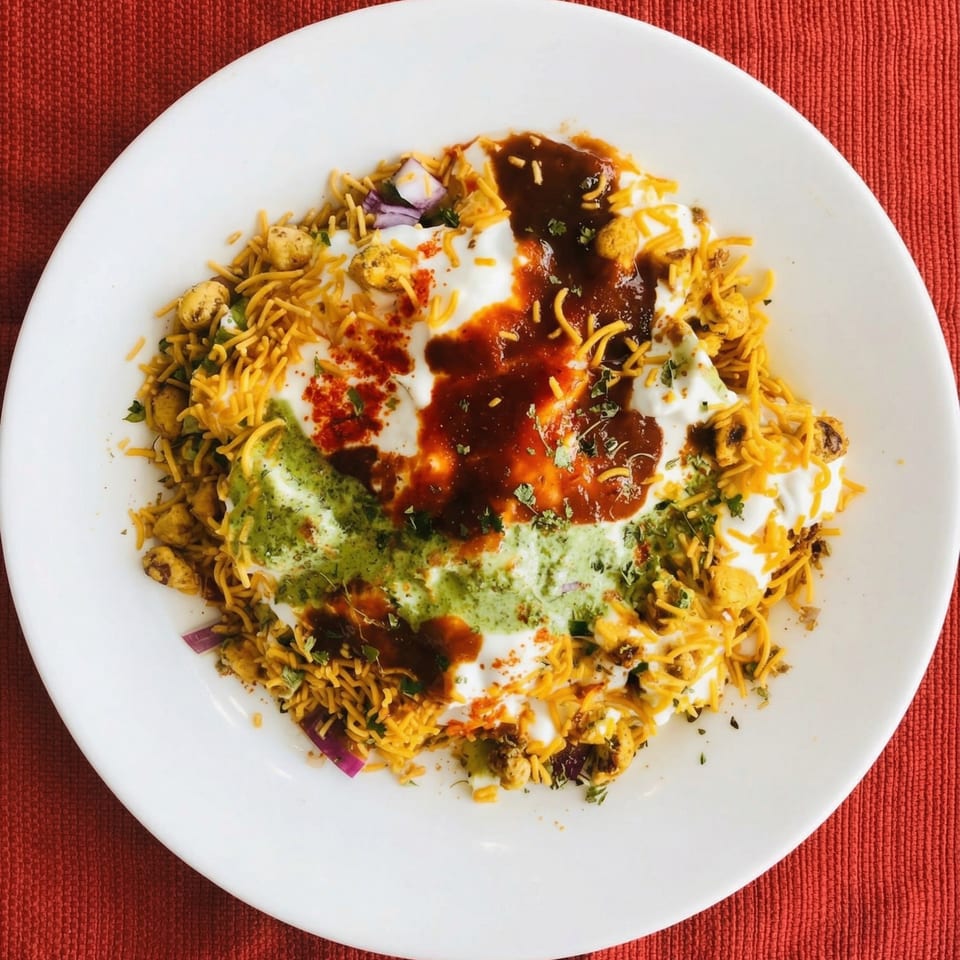 Overhead view of a white plate with Indian chaat, topped with yogurt, green, and brown sauces.